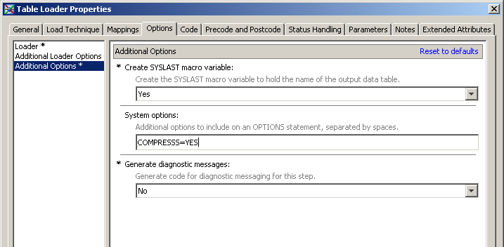 The Options Tab in a Table Loader Properties Dialog Box in
SAS Data Integration Studio