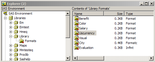 SAS Explorer Displaying the Formats Folder