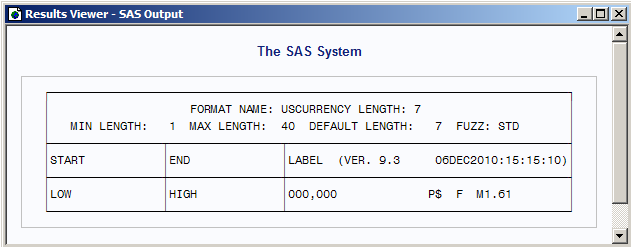The Results Viewer windows displaying the Uscurrency format definition