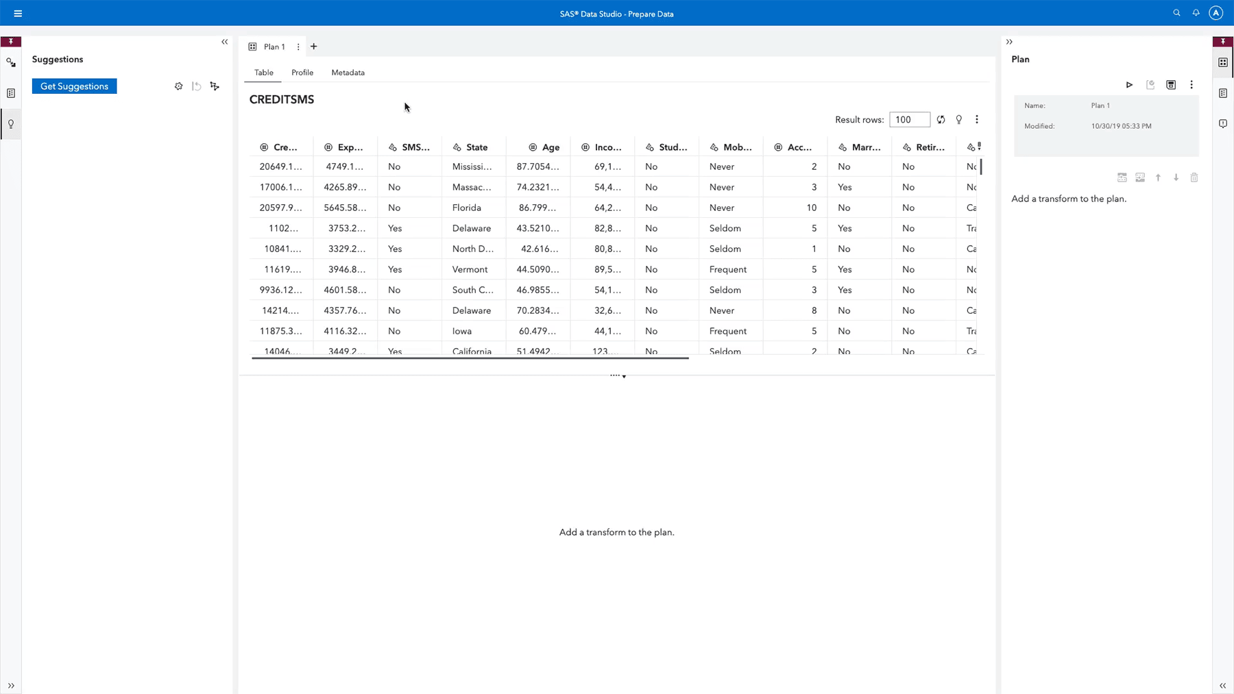 Screenshot of SAS Visual Analytics self service data prep