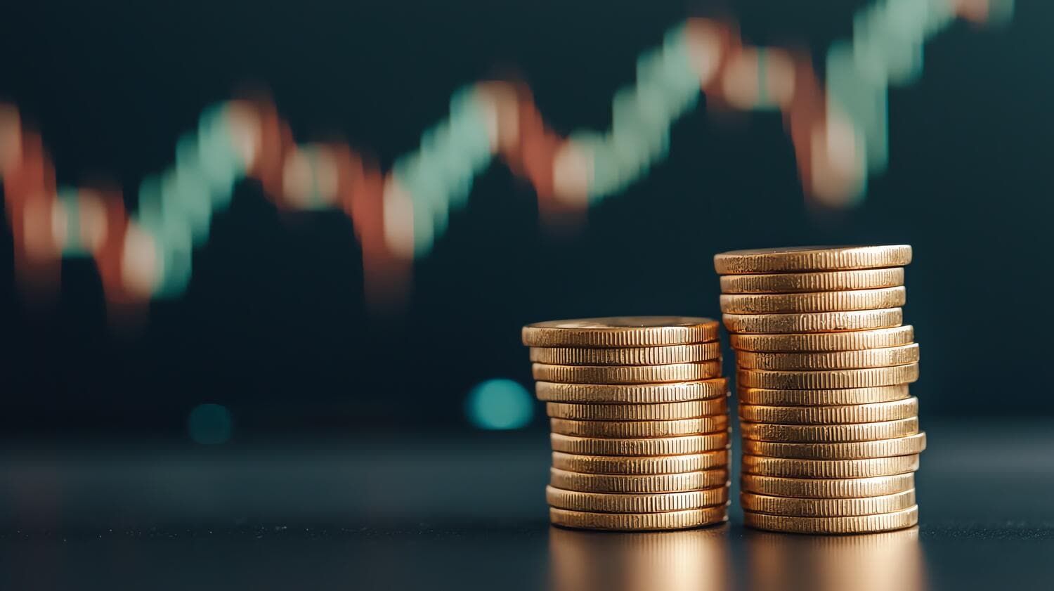 Stacks of coins with a rising financial graph in the background, symbolizing growth, investment, and economic success.