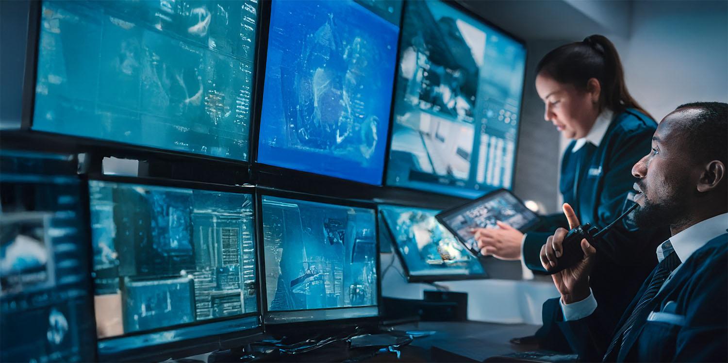 Zwei Sicherheitsbeamte beobachten Aktivitäten an Monitoren