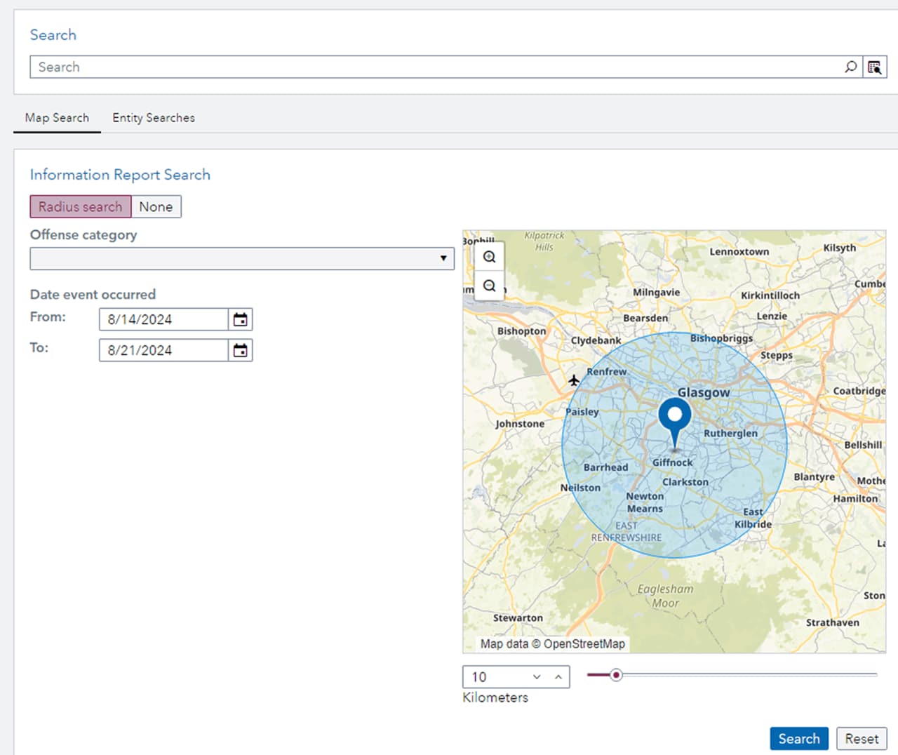 Screenshot mit leistungsstarker Suchfunktion in SAS Law Enforcement Intelligence
