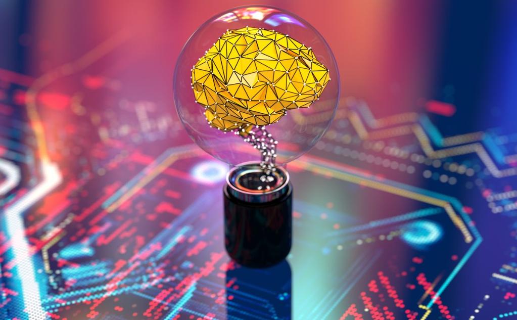 AI anxiety: Calm in the face of change Picture of lightbulb with illustration of a tech-looking brain inside