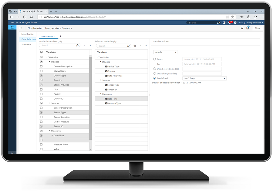 SAS Analytics for IoT showing data selection on desktop monitor