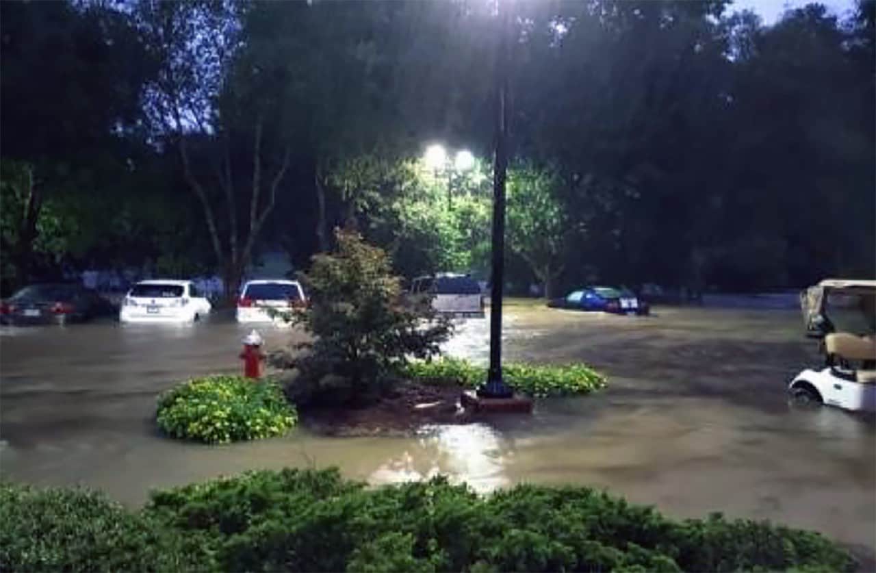 Town of Cary parking lot during flood