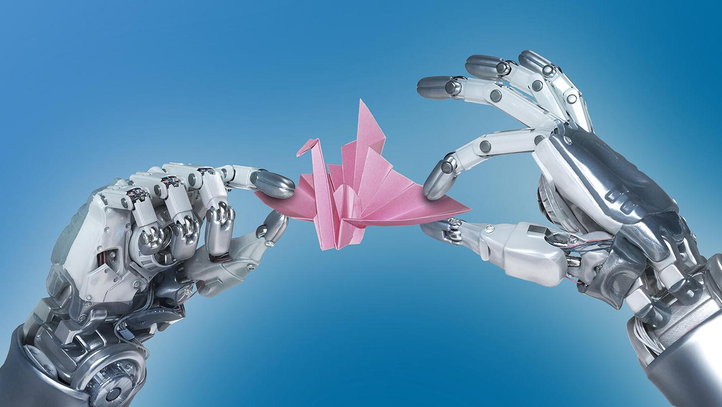 Robot hand making an origami paper crane - Blue Background