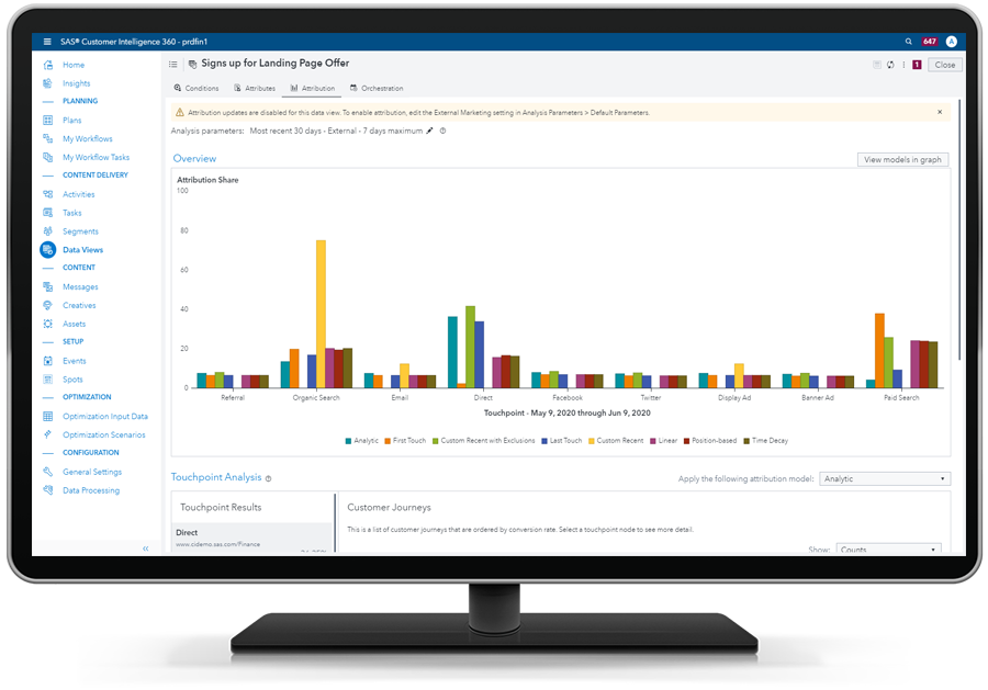 SAS 360 Engage showing loan application attributions on desktop monitor