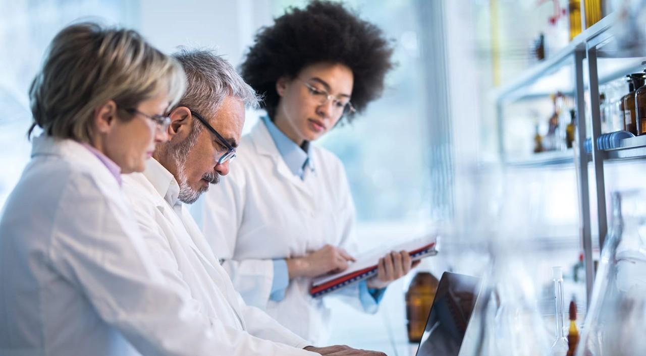 Group of doctors analyzing medical data on laptop Group of doctors analyzing medical data on laptop