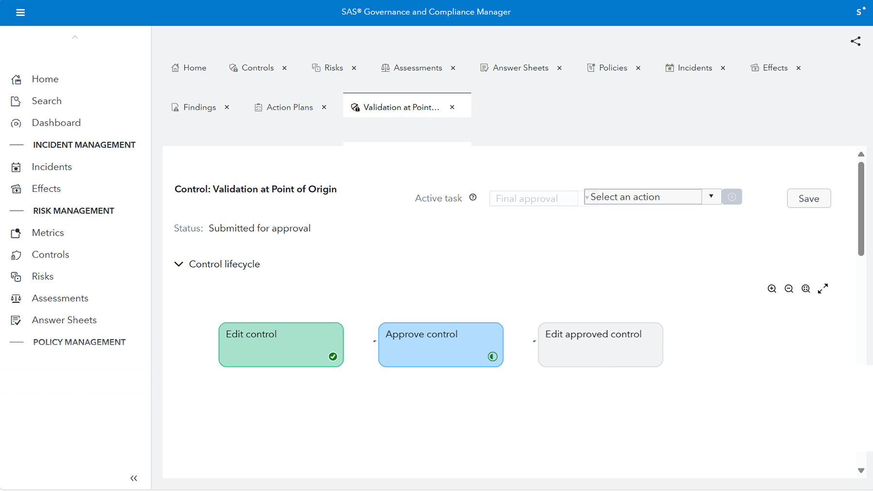 Screenshot of SAS Governance and Compliance Manager workflow control