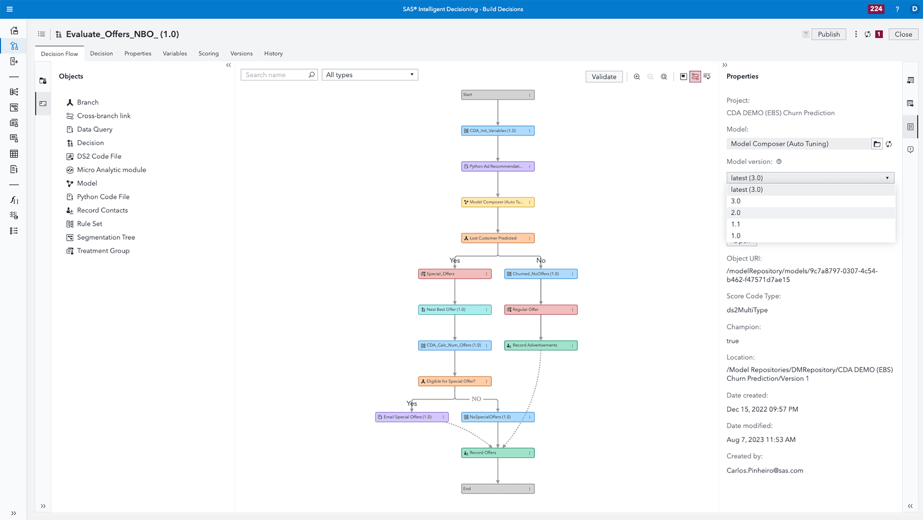 Screenshot of SAS Intelligent Decisioning - Decision flow object selection options