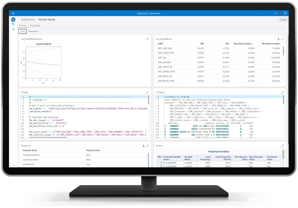 SAS Visual Data Mining and Machine Learning showing R open source node on desktop monitor