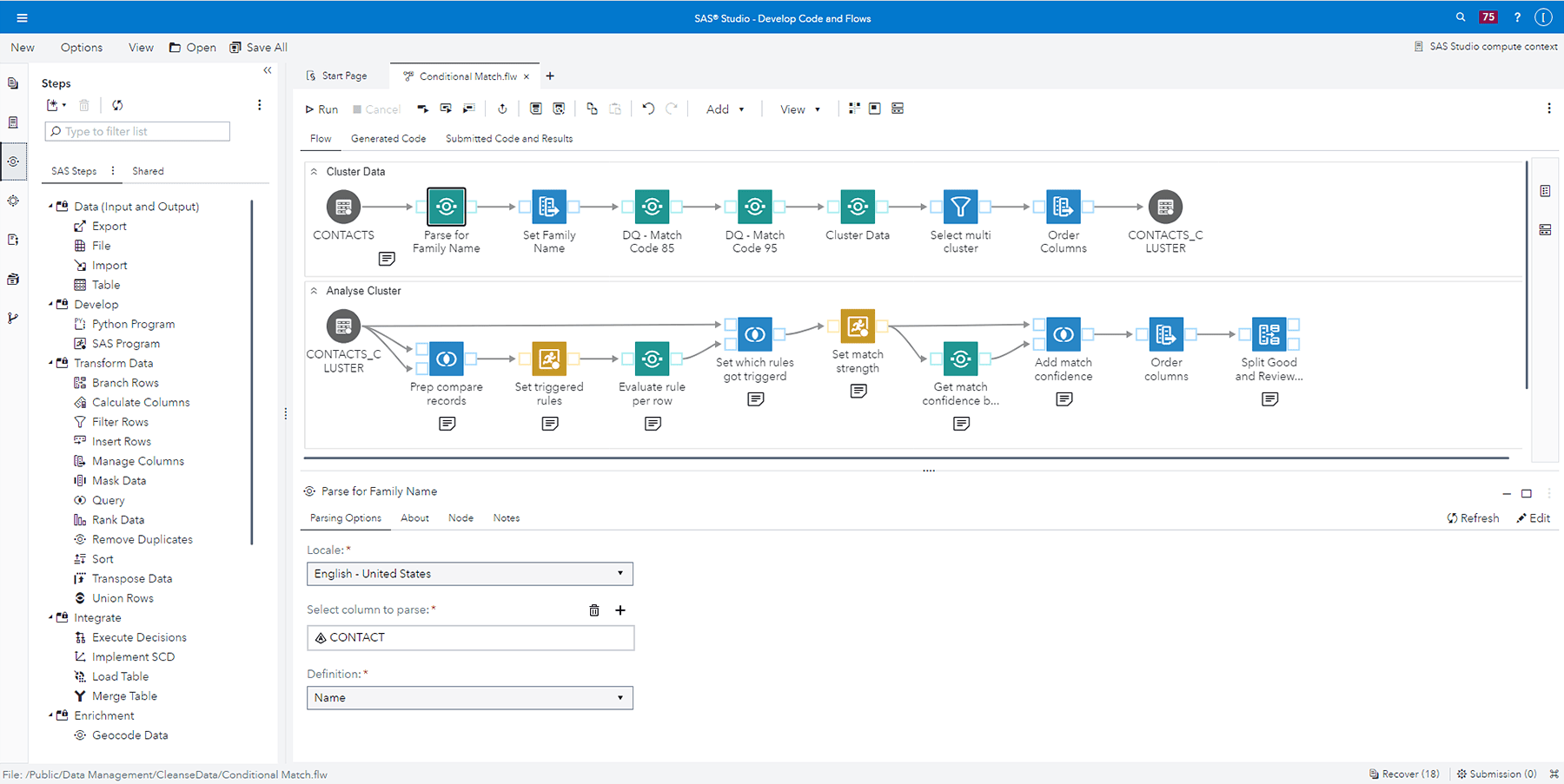 SAS Data Management screenshot showing data preparation simplify