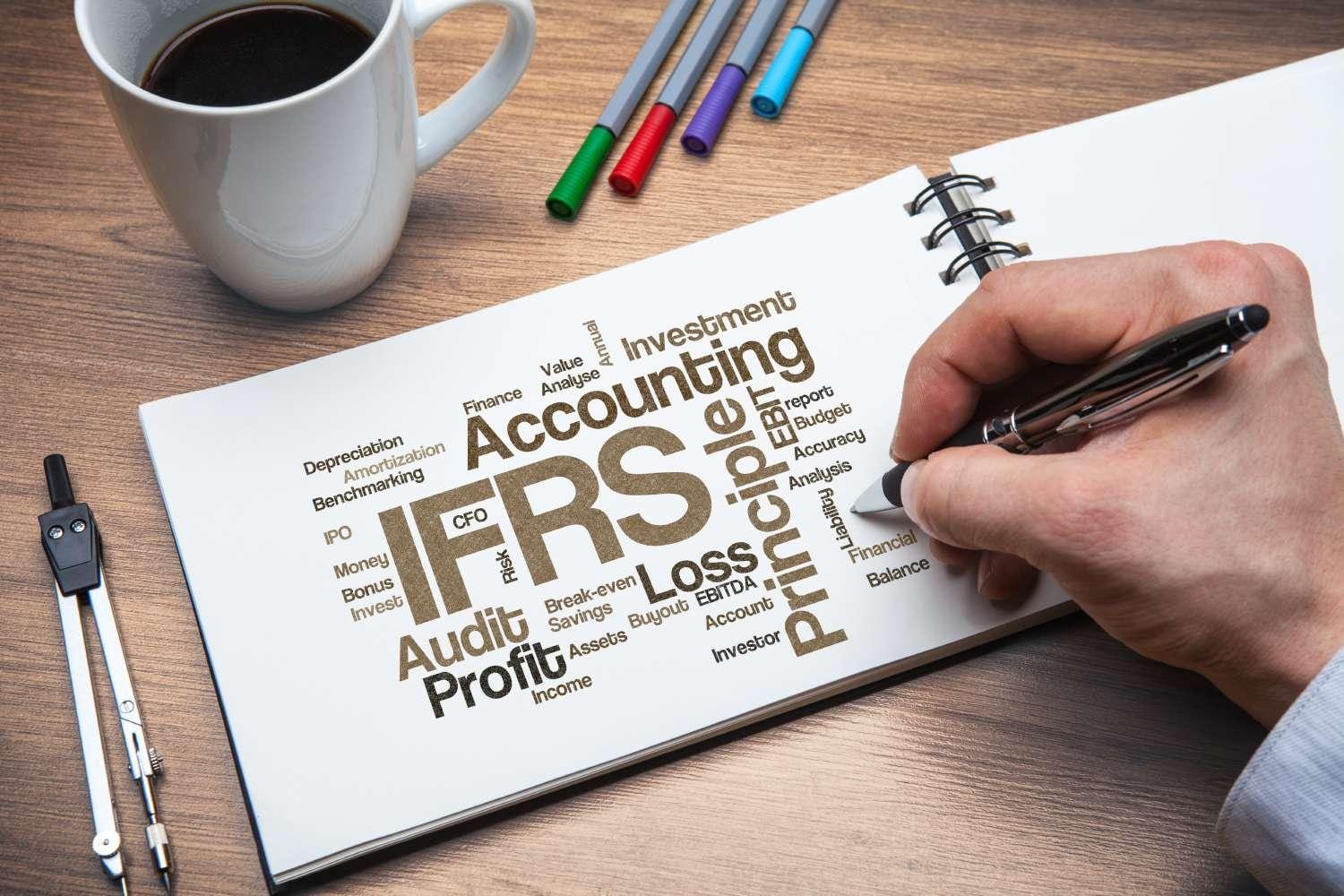 Open notebook with a word cloud of financial accounting terms