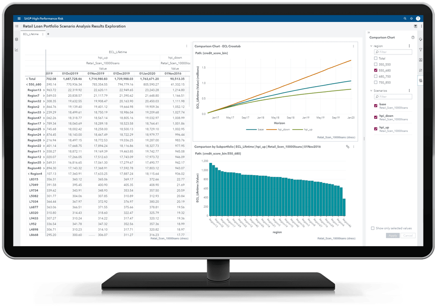 SAS Model Implementation Platform showing risk explorer on retail loans on desktop monitor