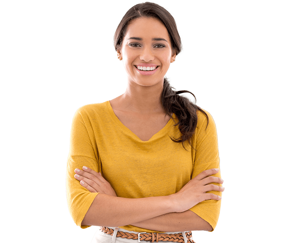 Woman with ponytail in yellow top smiling at camera