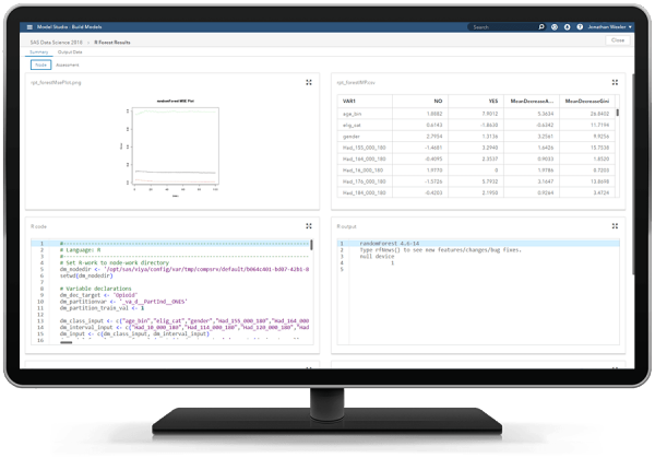 SAS Visual Data Mining and Machine Learning showing open source node on desktop monitor