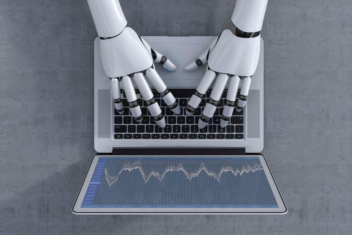 3D Rendering Robot Hands Typing On Laptop