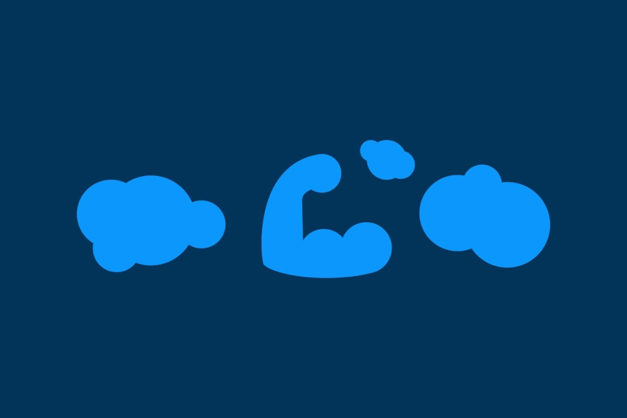 Blue flexing arm and clouds on blue background