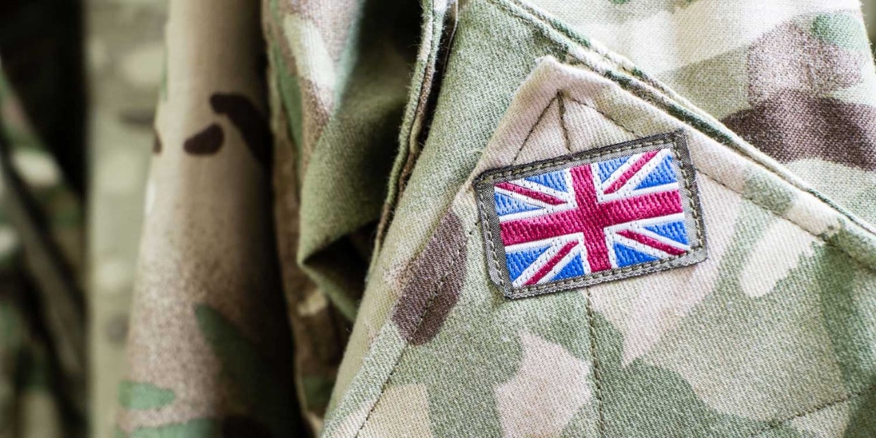 Union Jack flag on sleeve of British military camouflage uniform