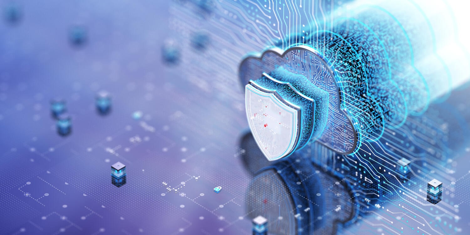 purple blue background with computer chip lines and picture of cloud with a security badge on top