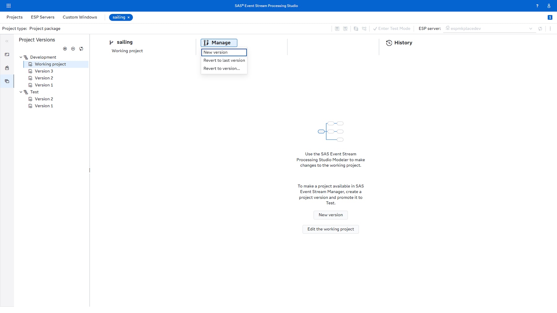 Screenshot of SAS Event Stream Processing - versioning