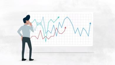 Thinking man in front of graphs illustration