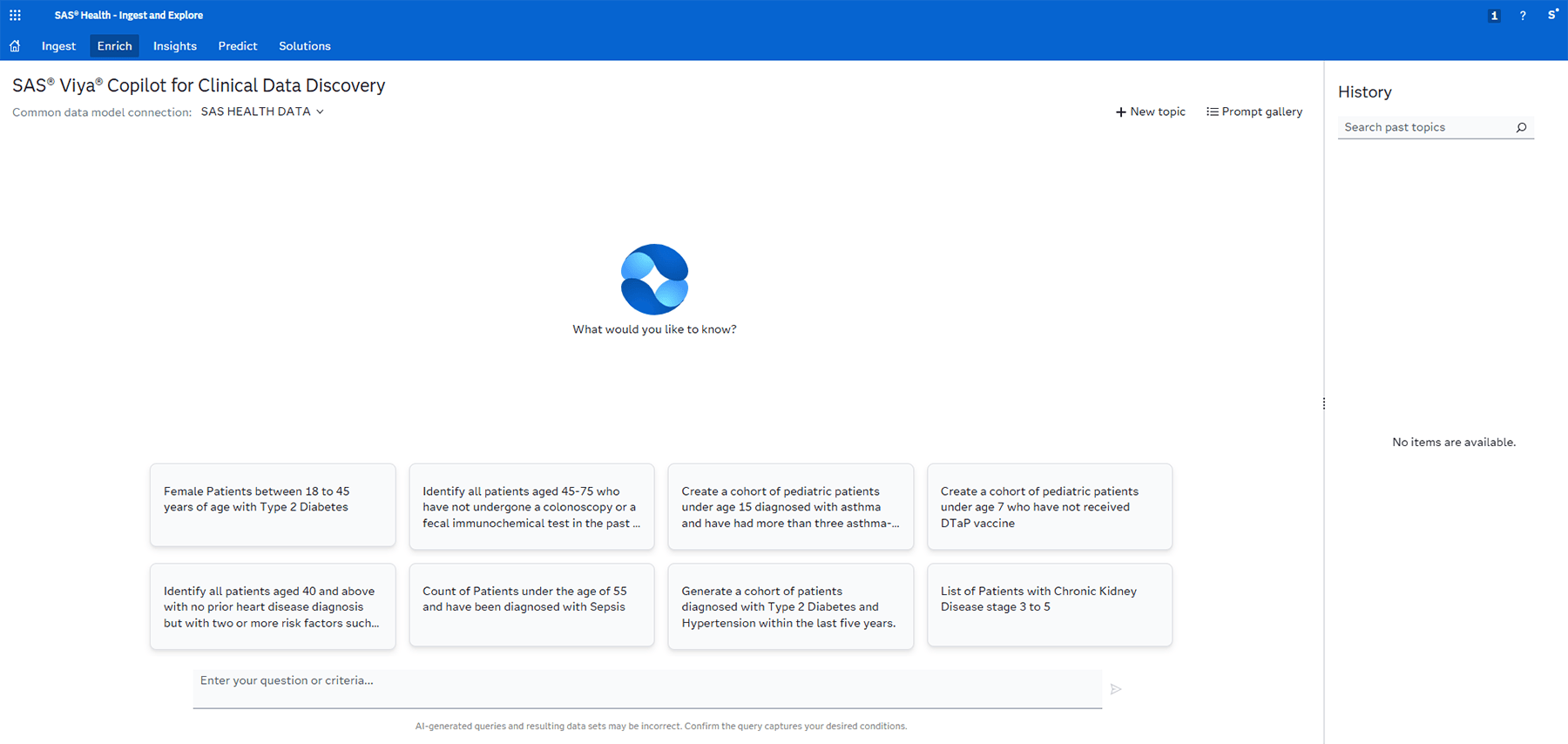 Screenshot of SAS Health SAS Viya Copilot for Clinical Data Discovery home