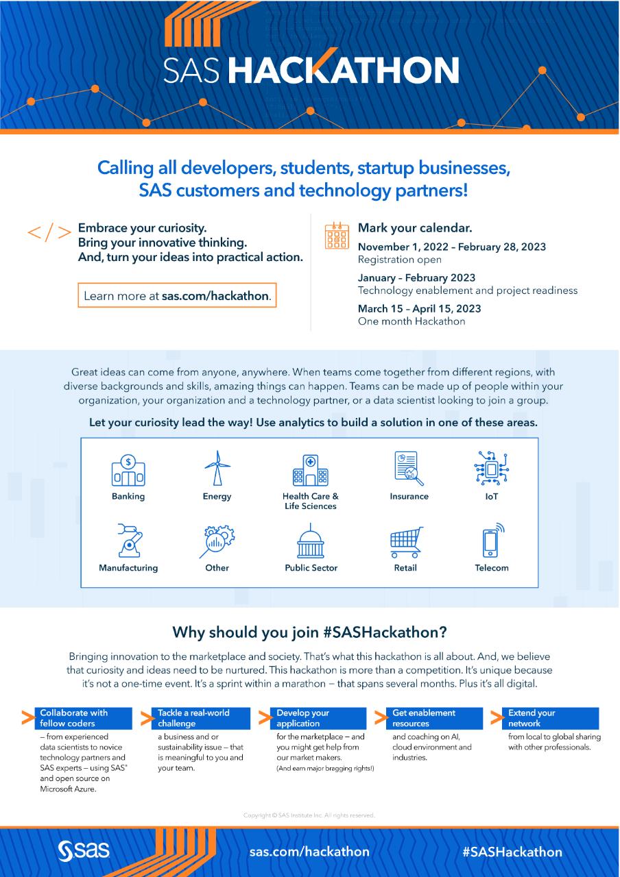 SAS Hackathon handout: calling all developers, students, startup businesses, SAS customers and technology partners.