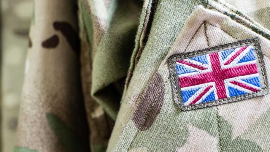 Union Jack flag on sleeve of British military camouflage uniform