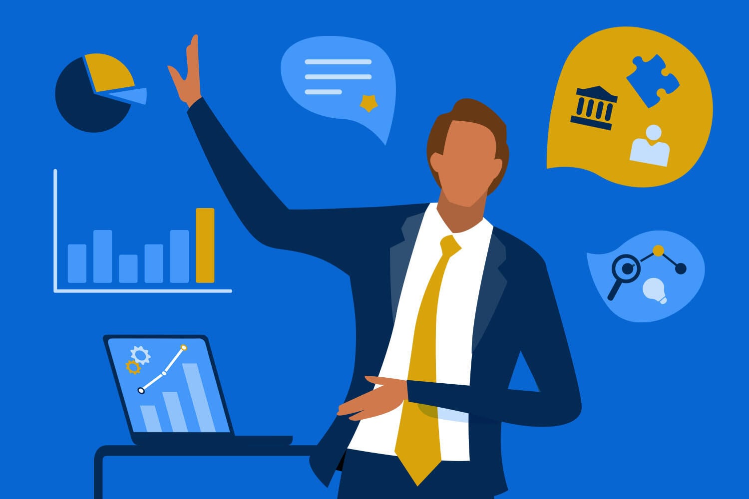 An illustrated graphic of a man in a suit gesturing to various charts and graphs surrounding him against a blue background.