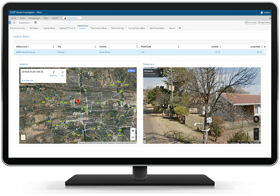 SAS Payment Integrity for Procurement showing geospatial and location view of suppliers on desktop monitor