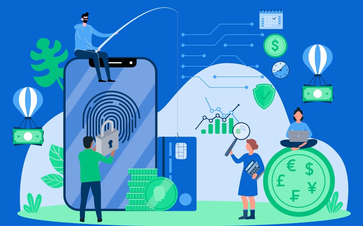 Illustration of various financial services industry icons depicting money, data analysis, security, fraud detection, and more.
