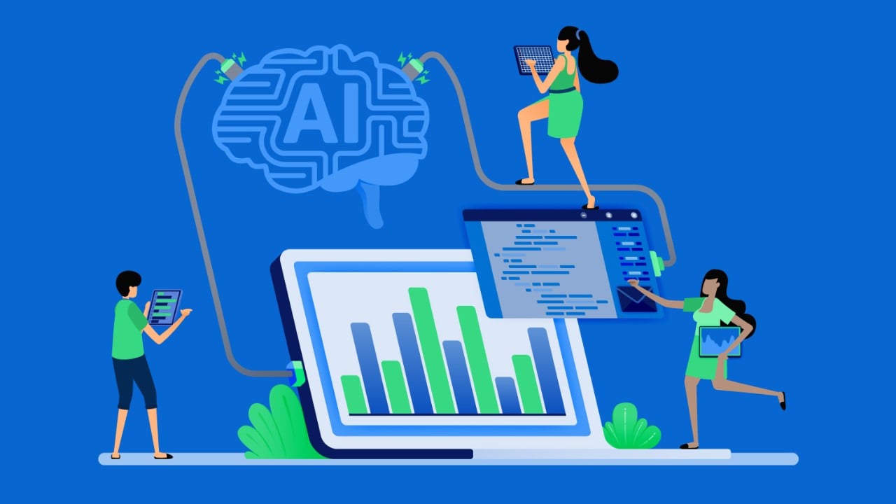 Illustration of AI and technology icons depicting advanced analytics.