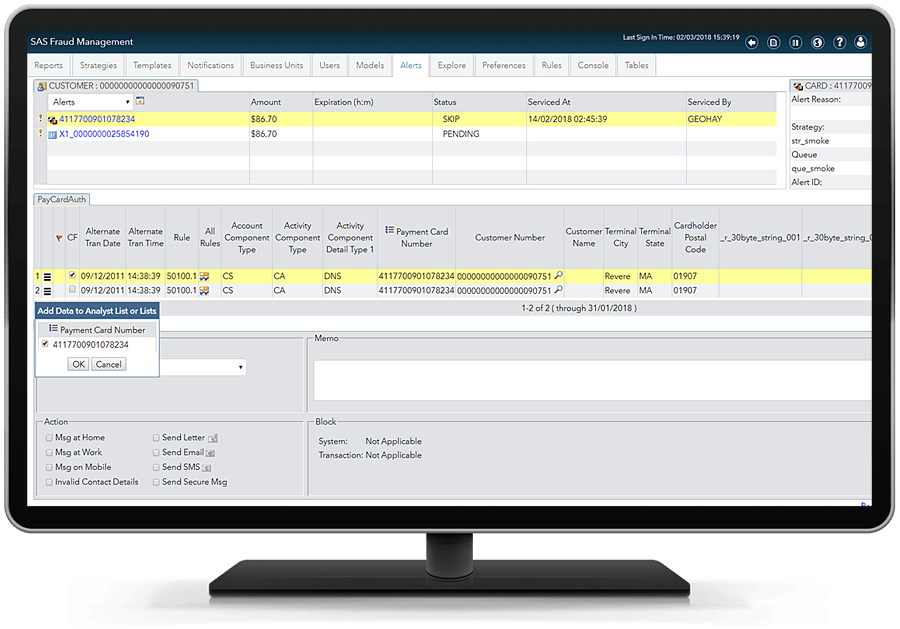 SAS Fraud Management showing alert servicing on desktop monitor