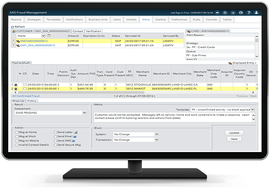 SAS Fraud Management showing alerts on desktop monitor
