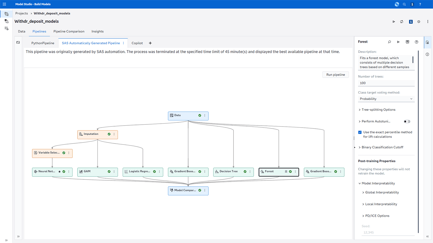 Screenshot of SAS Risk Modeling showing  model development in SAS Model Studio