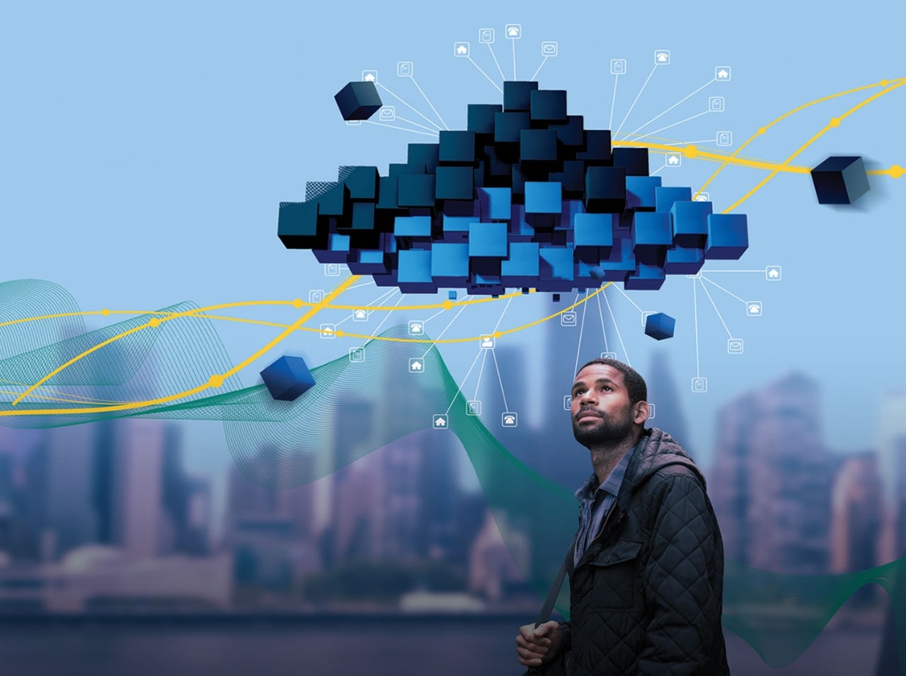 man in city looking at abstract cloud