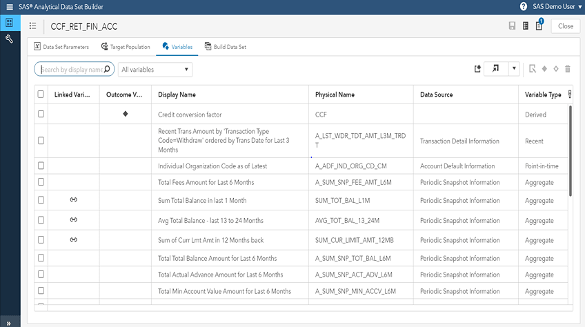 Screenshot of SAS Credit Scoring showing SAS Analytical Data Set Builder