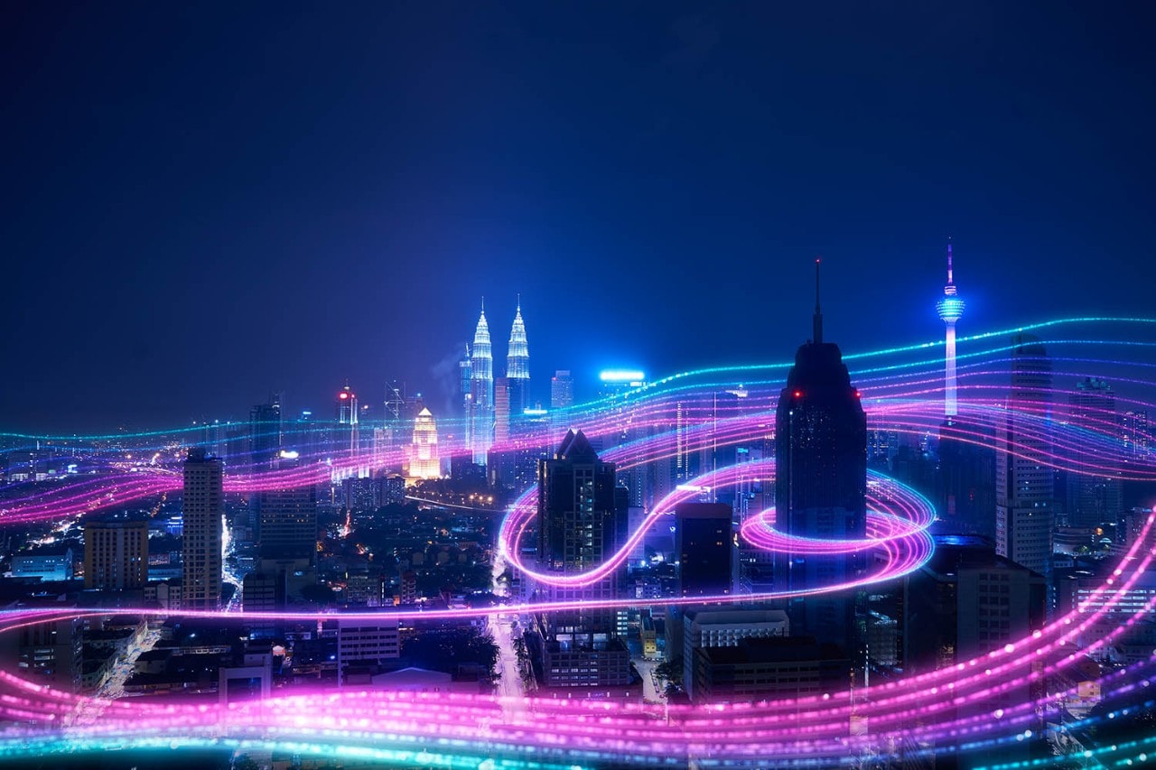 cityscape at night with swirling lights