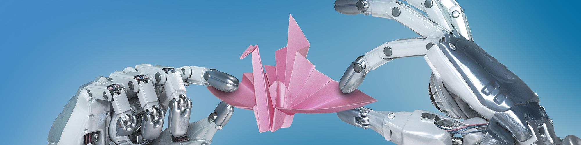 Robot hand making an origami paper crane - Blue Background