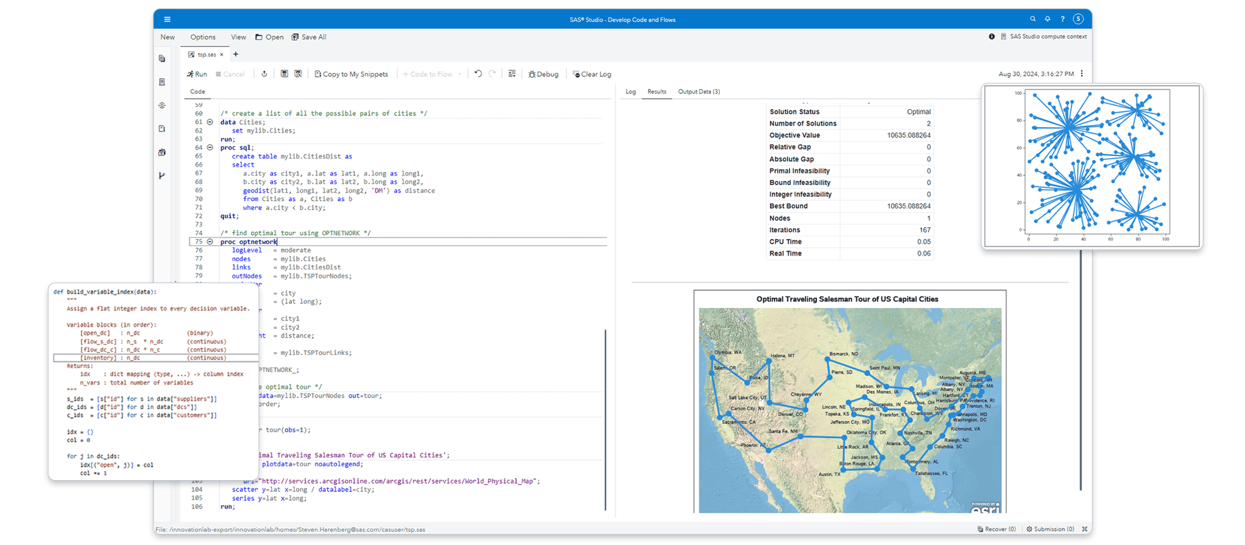 SAS Optimization traveling salesman problem solver with highlights