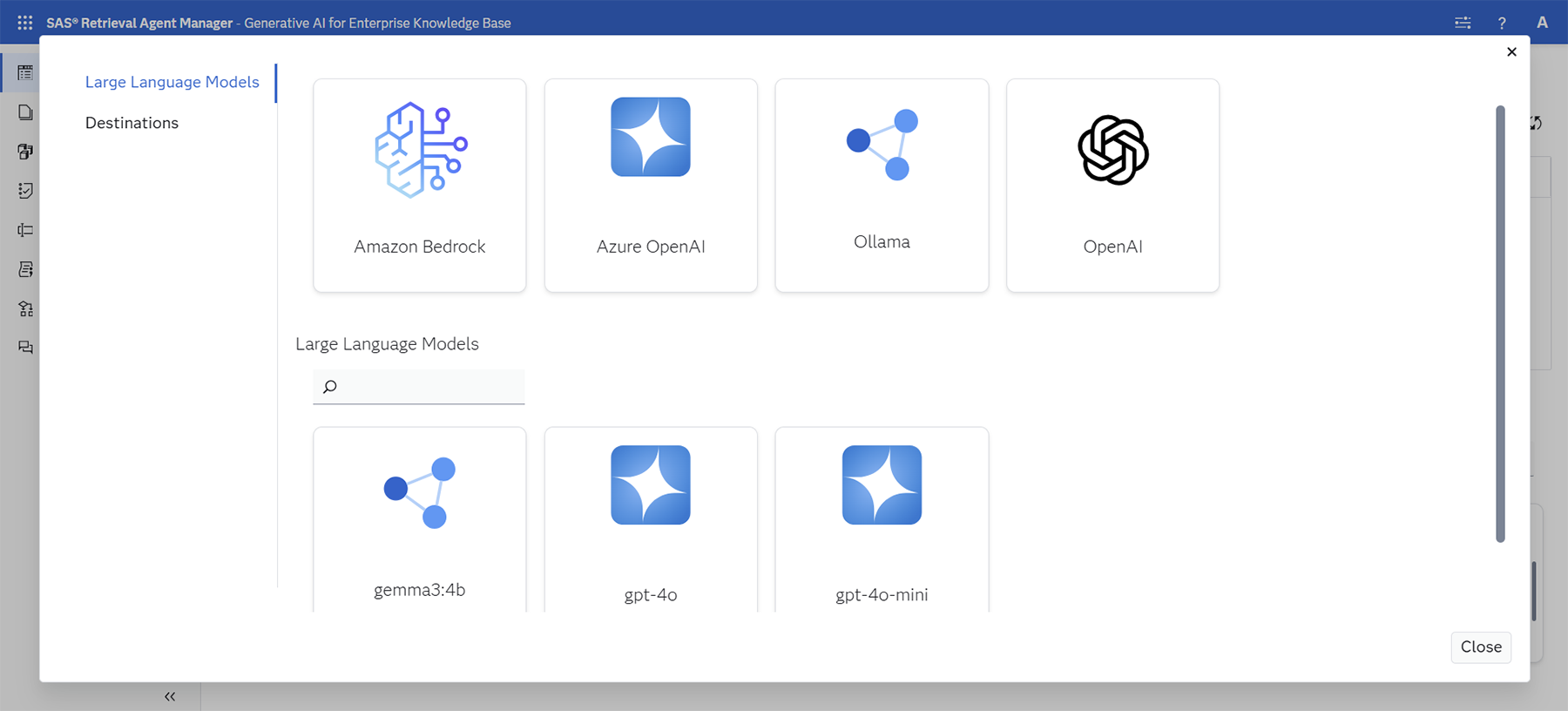 Screenshot of SAS Retrieval Agent Manager adding LLMS