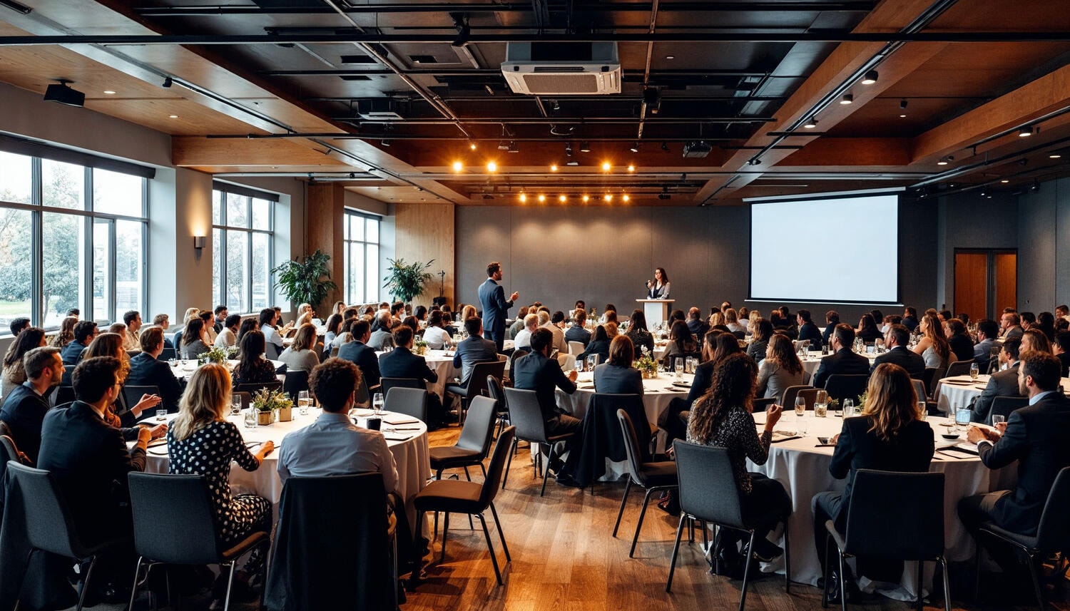 A well-lit conference room with engaged attendees and a speaker presenting on stage.