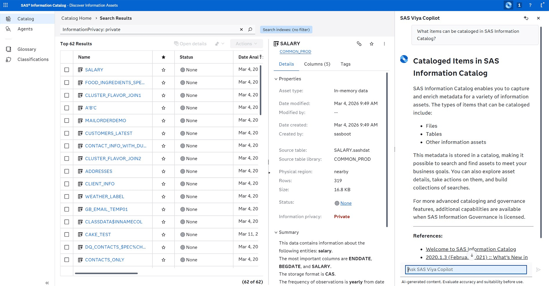 Screenshot showing SAS Information Governance Discovery Information