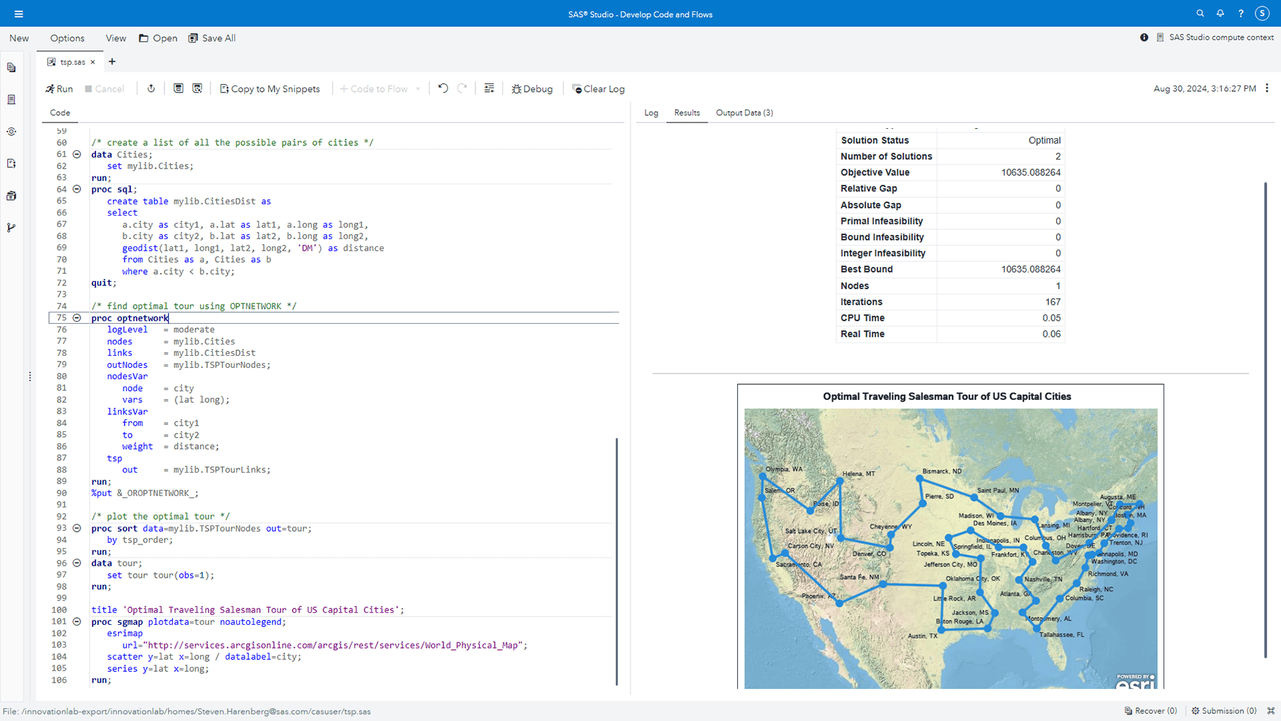 Screenshot of SAS Optimization showing traveling salesman problem solver
