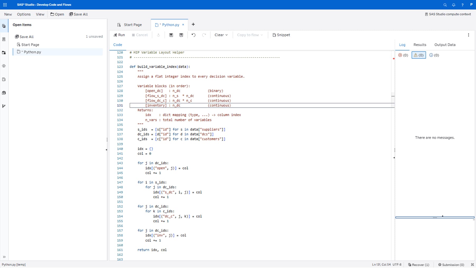 Screenshot of SAS Optimization showing programming example in Python