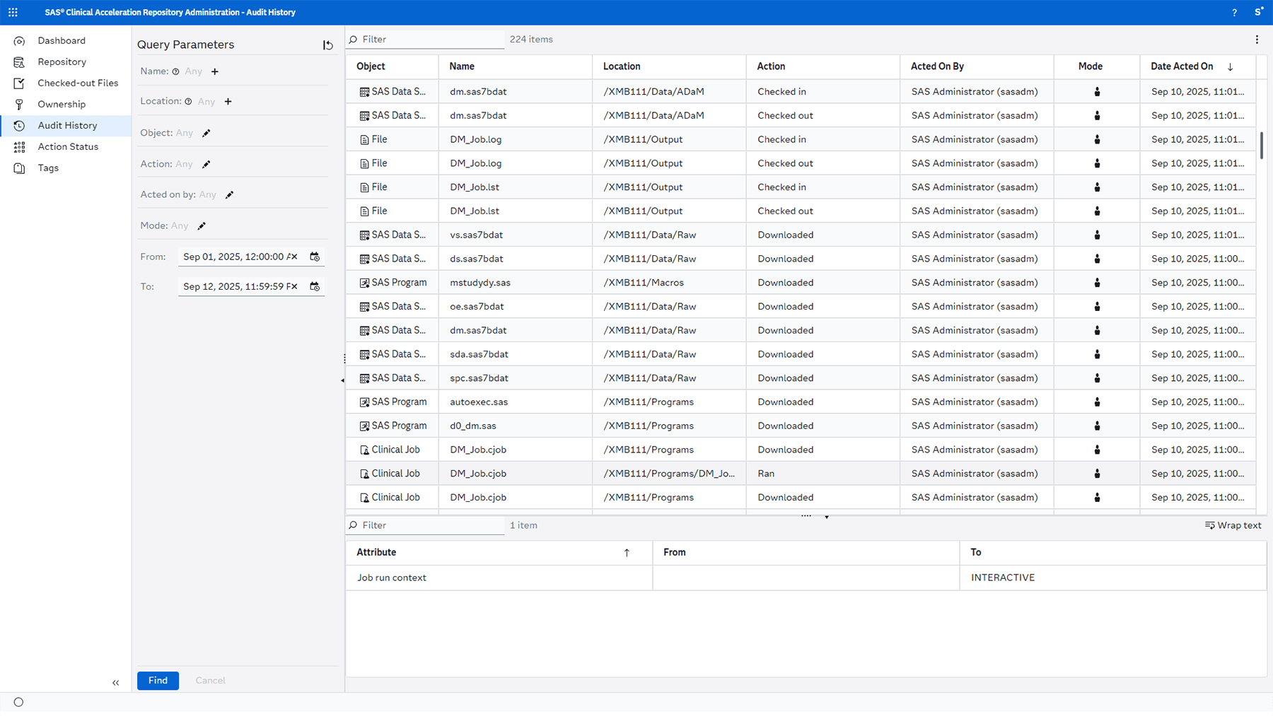 Screenshot of SAS Health Clinical Acceleration - audit trail