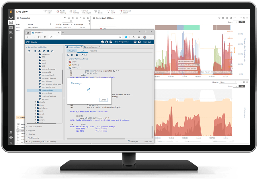 SAS Enterprise Session Monitor showing improved developer experience on desktop monitor