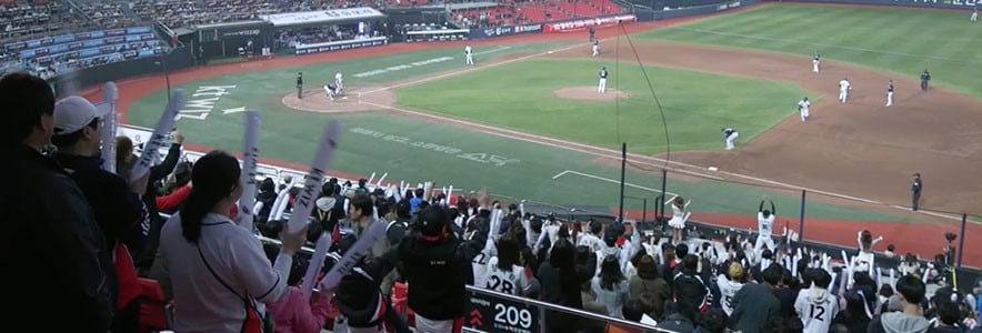 People cheering with kt wiz sign at baseball game